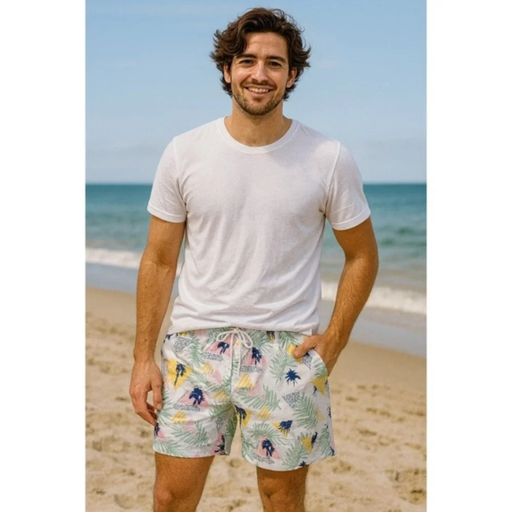 Free Planet Men Small Swim Trunks White Tropical Geometric Palm Tree Print 5in